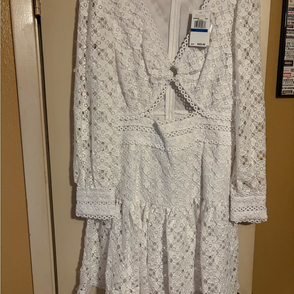 Michael Kors White V neck Eyelet Long Sleeve Dress XL